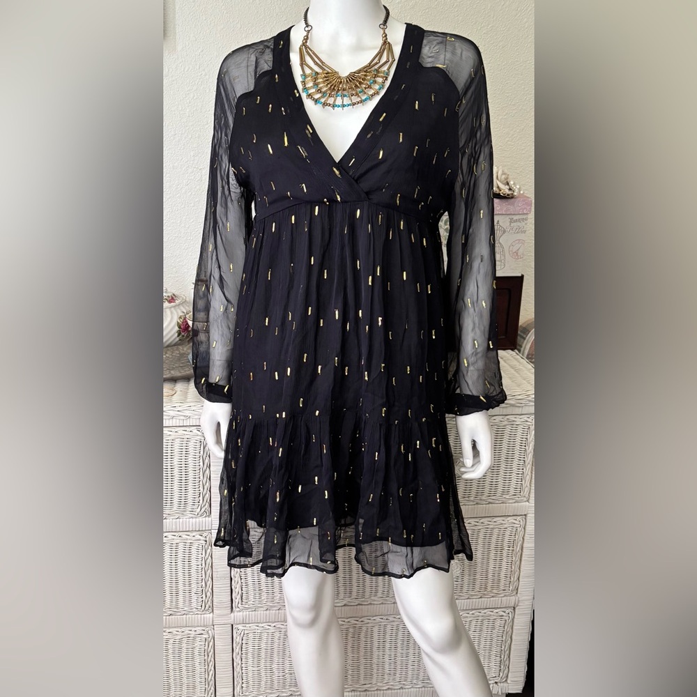 Sézane Robe Stella Chiffon Mini Dress Lurex Metallic Gold on Midnight tone Sz. 2